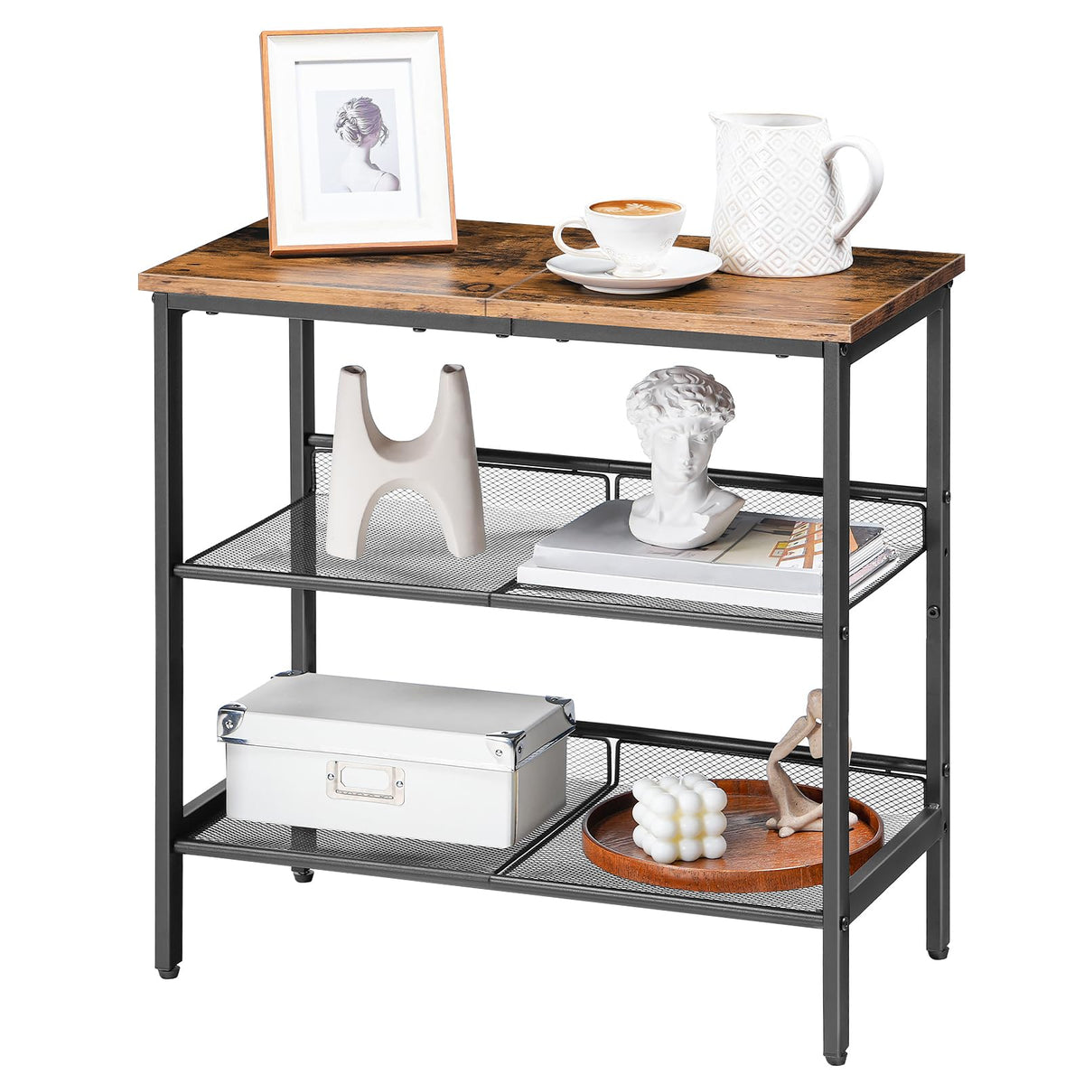 HOOBRO End Table, 3-Tier Narrow Side Table, Nightstand with 2 Flat or Slant Adjustable Shelves for Small Spaces, Hallway, Living Room, Bedroom, Sturdy, Easy Assembly, Rustic Brown and Black BF23BZ01G1