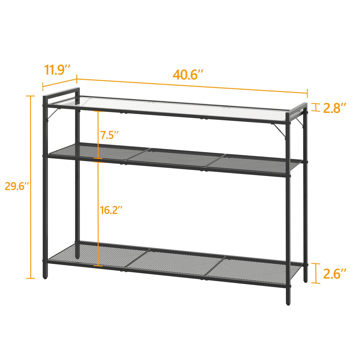 Livofloral 40.6" Narrow Console Table with 3 Storage Shelves, Hallway Table for Entryway, Tempered Glass Console Table, Modern Console Table, Sturdy Sofa Table Behind Couch, Easy Assembly, Black