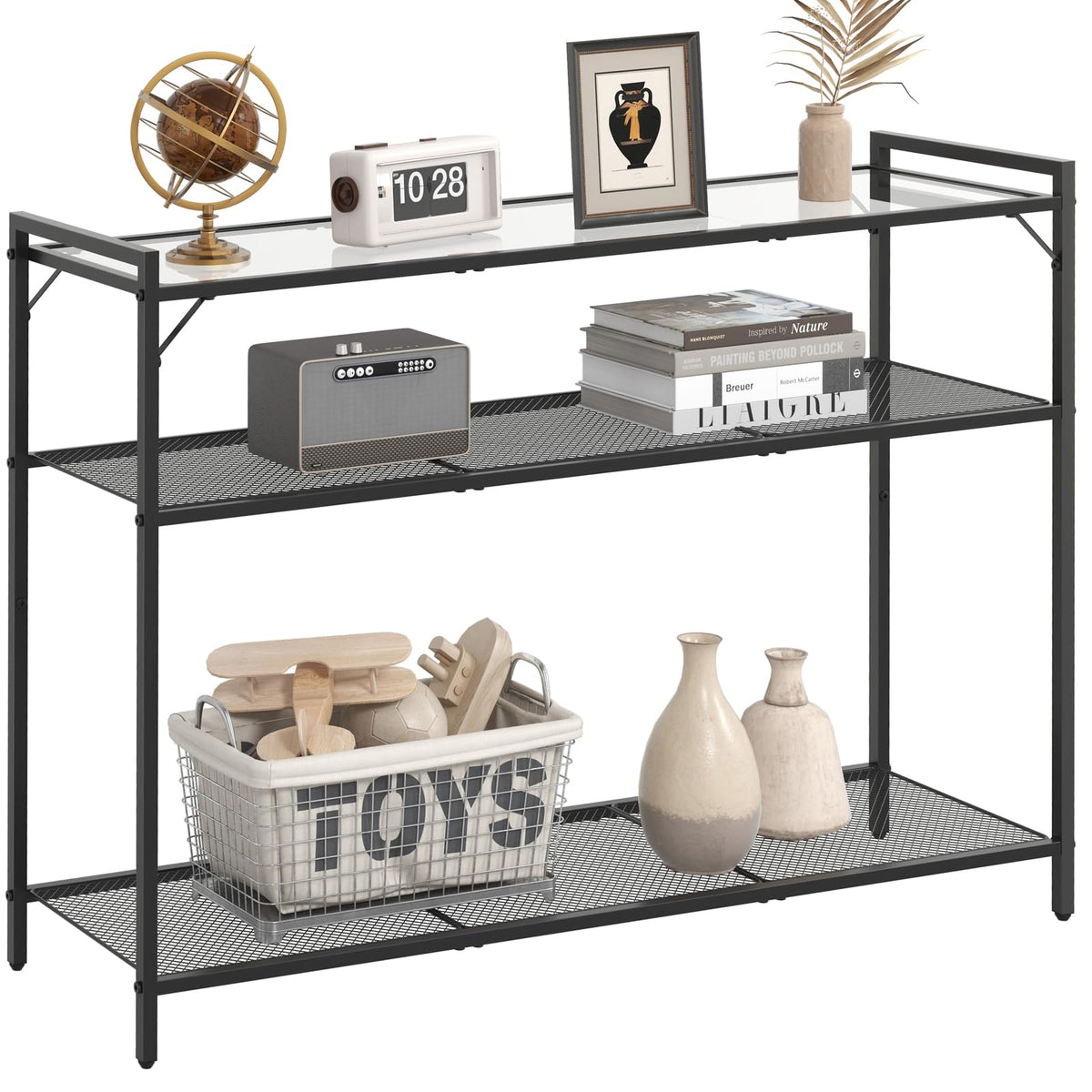 Livofloral 40.6" Narrow Console Table with 3 Storage Shelves, Hallway Table for Entryway, Tempered Glass Console Table, Modern Console Table, Sturdy Sofa Table Behind Couch, Easy Assembly, Black