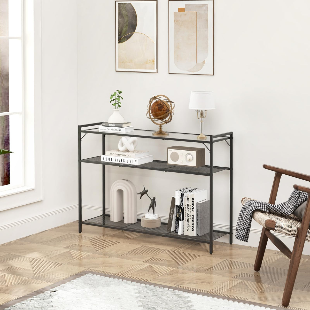 Livofloral 40.6" Narrow Console Table with 3 Storage Shelves, Hallway Table for Entryway, Tempered Glass Console Table, Modern Console Table, Sturdy Sofa Table Behind Couch, Easy Assembly, Black