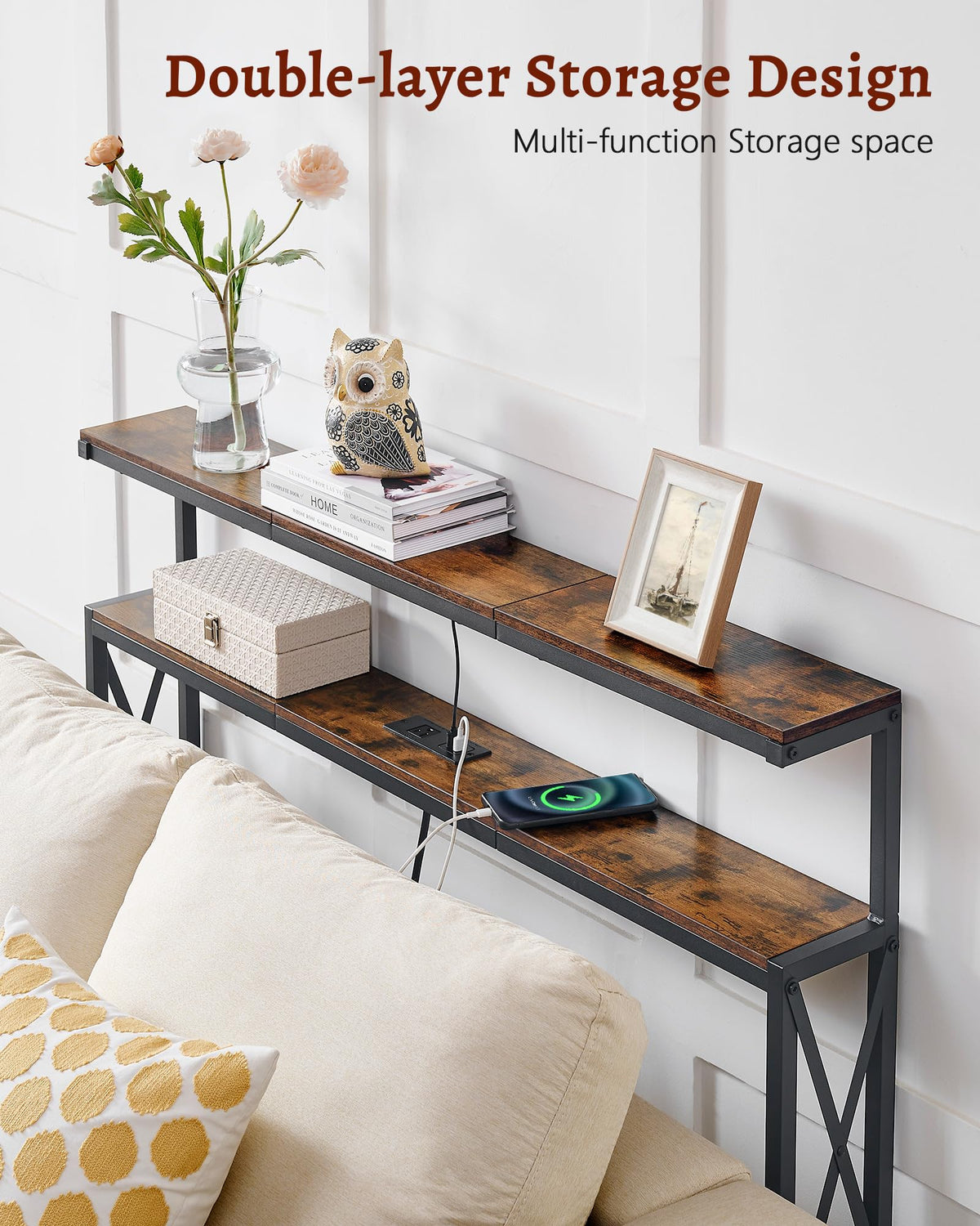FAVOOSTY 46.8" Narrow Console Table, Behind Sofa Couch Table, Rustic Brown
