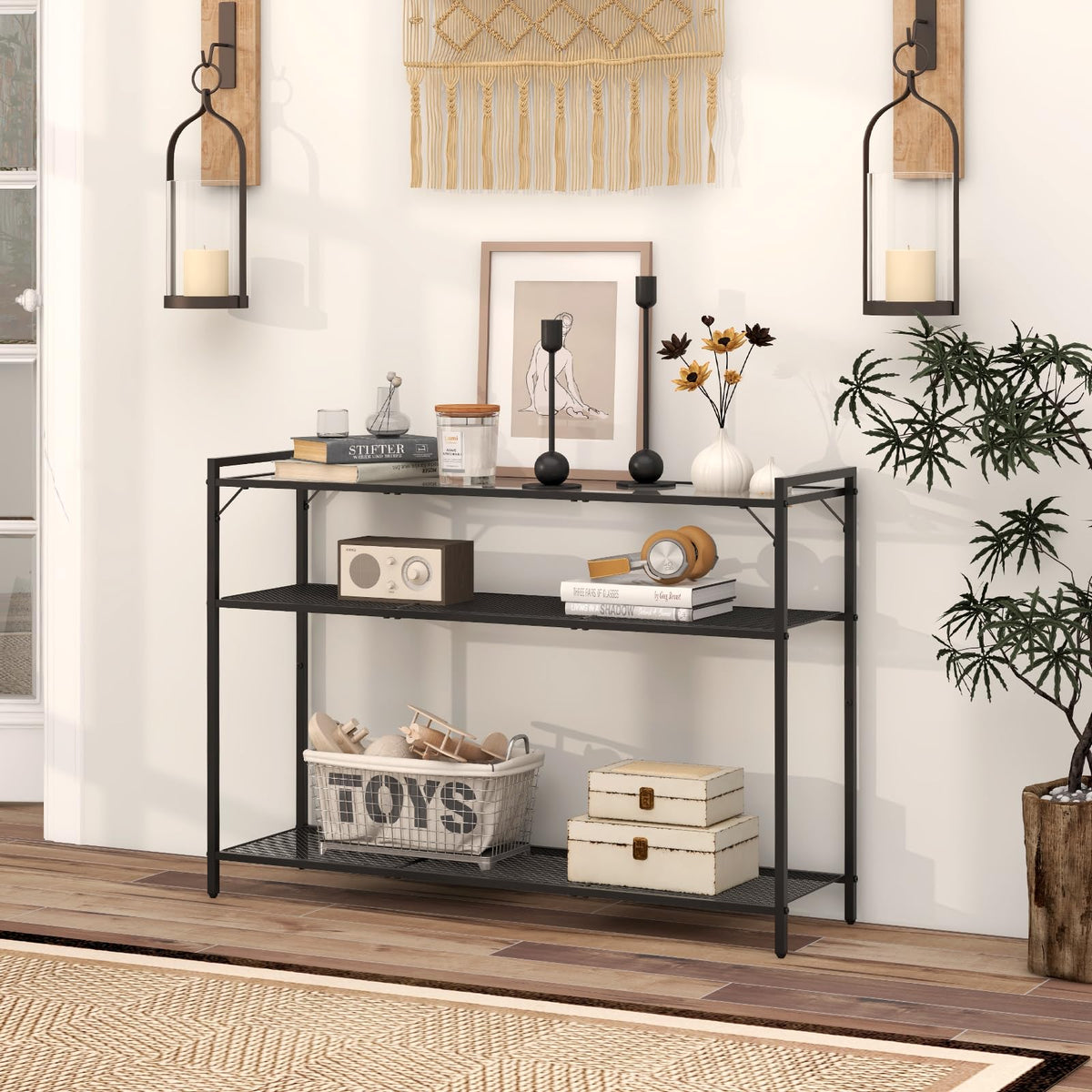 Livofloral 40.6" Narrow Console Table with 3 Storage Shelves, Hallway Table for Entryway, Tempered Glass Console Table, Modern Console Table, Sturdy Sofa Table Behind Couch, Easy Assembly, Black
